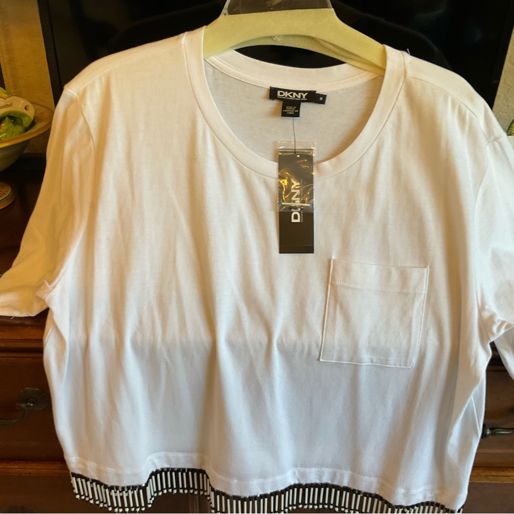 DKNY White Short Sleeve Top with Striped Hem